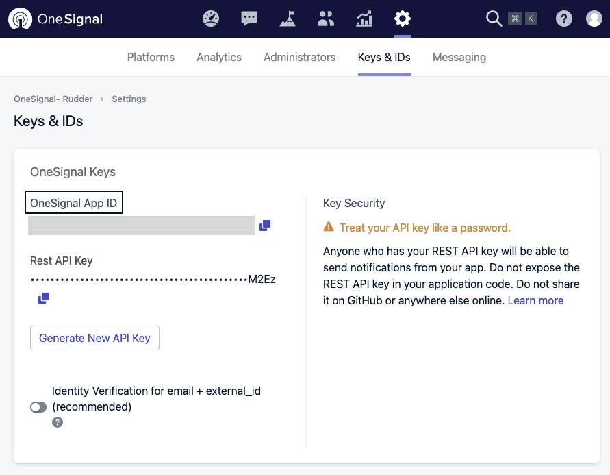 OneSignal license code and API key