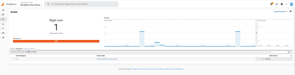 Google Analytics live events tab